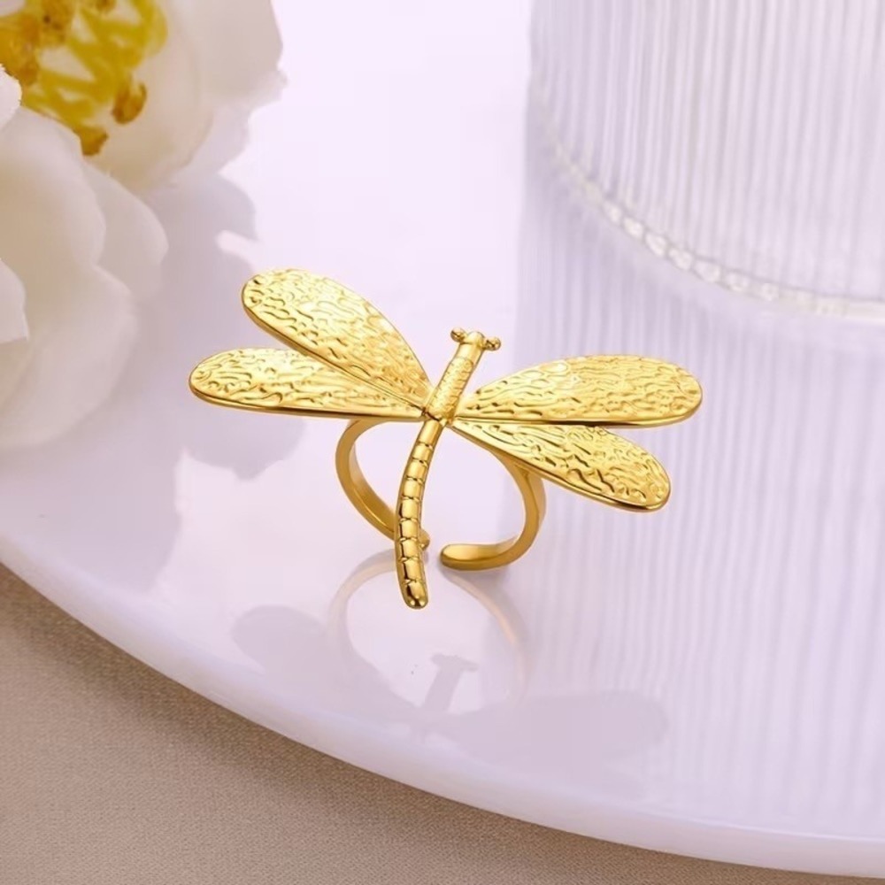Gold Tone Stainless Steel Dragonfly Statement Ring Adjustable Size